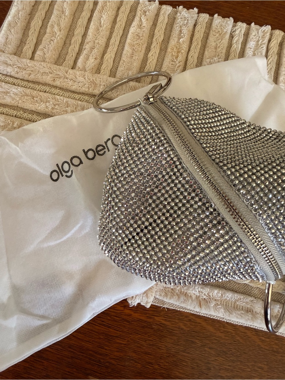 Olga Berg Ellie Silver Mesh Crystal Wristlet Bag NWT